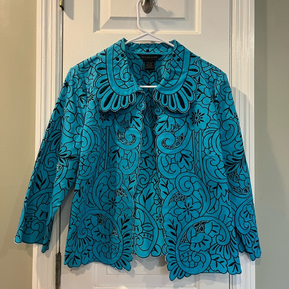 Silkland‎ Embroidery Blazer Turquoise Floral Jacket size M bin4